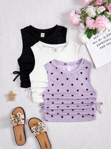 SHEIN 3pcs/Set Knitted Sleeveless Tank Top With Round Neckline, Pleated Design For Tween Girls - Mauve Purple - View 1