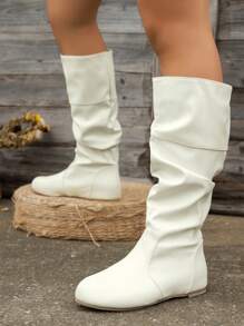WRCVS Botas altas de mujer con puntera redonda, material de piel de poliuretano arrugado, decoración de moda, con interior con aumento de altura, decoración de hebilla, botas de montar