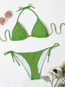 SHEIN Swim Women's Ditsy Floral Halter Neck Tie Bikini Set For Vacation Summer - Multicolor - View 3