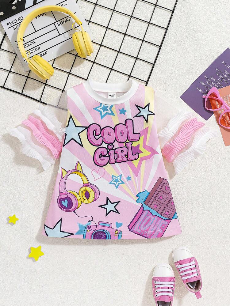 Baby Girl Sweet And Lovely Mesh Spliced Cartoon Printed Short Sleeve Round Neck Dress For Summer
