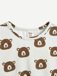 Cozy Pixies Conjunto De 4 Piezas De Mangas Cortas Con Dibujo De Osito Para Bebé Niño, Cuello Redondo Y Corbata De Lazo