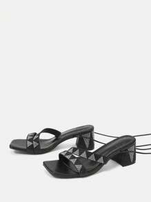 CUCCOO SZL Women's Solid Color Square Toe High Heeled Sandals, Graduation Heel, Prom Heels For Summer Vacation Shoes Summer - Black - View 3