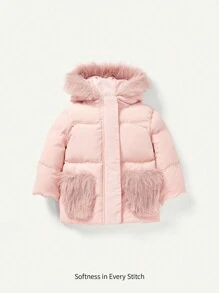 Manteau rembourré avec capuche et bordure en fourrure pour bébé fille