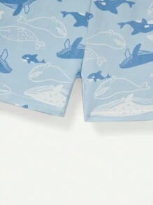 Cozy Pixies Baby Boy Snug Fit Knit Mềm Họa Tiết Cá Voi Hoạt Hình Áo Cổ Tròn Và Quần Short Pyjama Set - Xanh và trắng - Xem 5