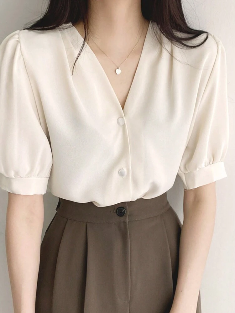 Solid Color Puff Sleeve Casual Shirt, Spring/Summer,Business Casual Women Preppy Tops