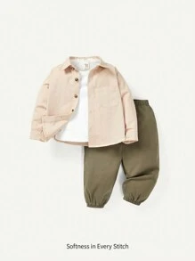 Cozy Pixies 嬰兒男童3入組運動風格圓領t卹,帶前袋,折領休閒襯衫和運動褲 - 彩色 - 查看 1