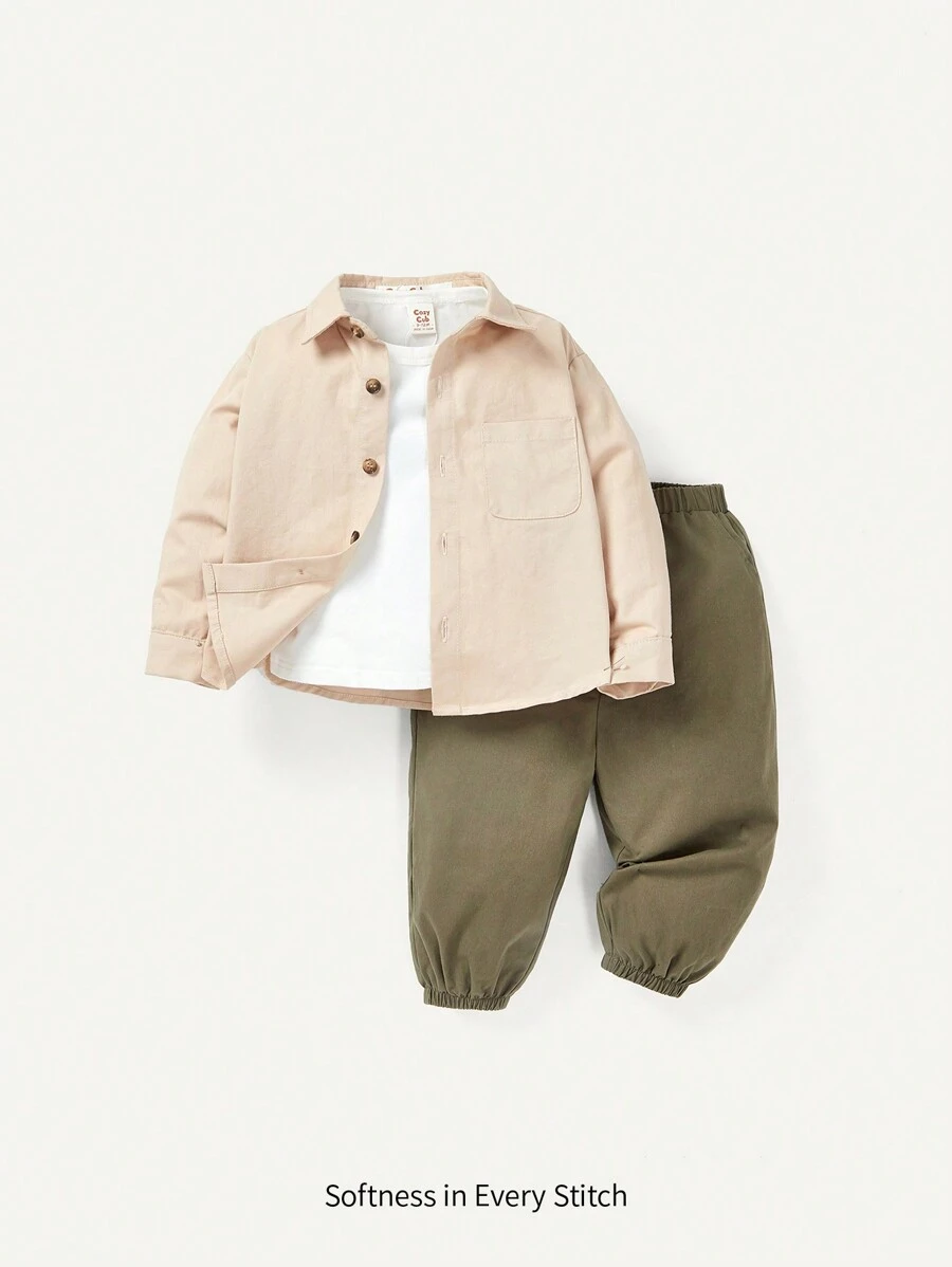 Cozy Pixies 嬰兒男童3入組運動風格圓領t卹,帶前袋,折領休閒襯衫和運動褲 - 彩色 - 查看 1