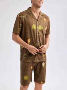 水果紋短袖T恤和短褲家居服套裝 - 鏽棕色 - 查看 4