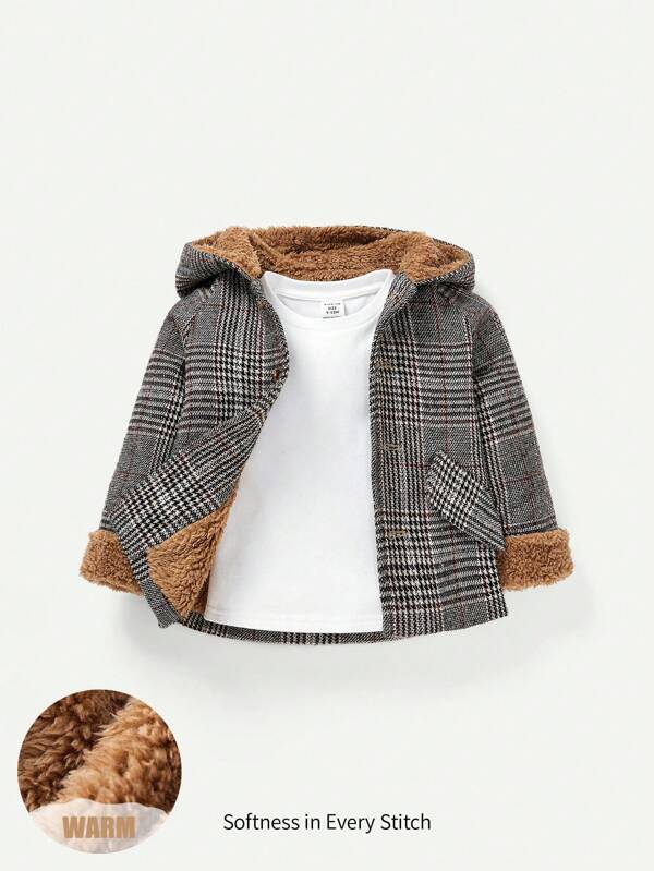 Cozy Pixies Baby Boy Glen Plaid Print Fuzzy Lined Hooded Overcoat Without Tee