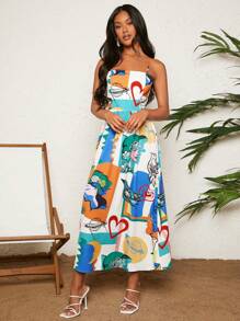 Travachic Women's Summer Beach Boho Vacation Spaghetti Strap Dress With Printed Patchwork And Shirred Back Design