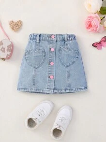 Falda vaquera con cintura elástica de moda para niña joven con bolsillos y botones en forma de corazón