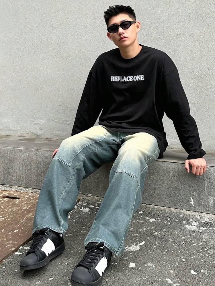 DAZY Camiseta De Manga Larga De Color Sólido Para Hombre De Primavera/verano - Negro - Añade 10