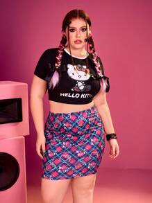 HELLO KITTY AND FRIENDS | SHEIN Plus size Y2K對比領緊身短T恤和格紋緊身裙 - 彩色 - 查看 2