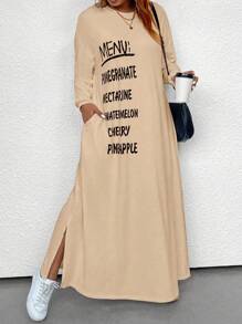 SHEIN LUNE Kích thước lớn Của phụ nữ Tay áo dài Vòng cổ Lỏng lẻo phù hợp Đầm Với In Khẩu hiệu - Màu be - Xem 4