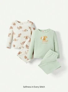 Cozy Pixies Baby Boy Snug Fit Pajama Set With Cartoon Animal Pattern, Including Long-Sleeved Crew-Neck Pullovers And Footed Pants (4pcs) - Multicolor - View 1