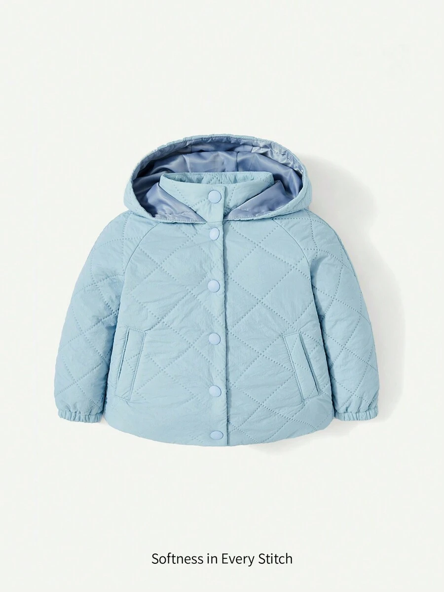 Baby Girl Solid Button Up Hooded Padded Coat - Green - View 1