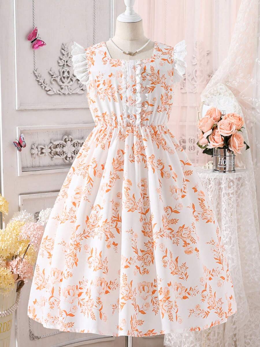 SHEIN Tween Girls' Spring/Summer Floral Printed Patchwork Cap Sleeves Dress, Perfect For Casual Vacation - Orange - View 1