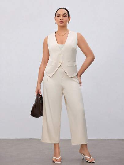 BizChic Plus Size Women's Solid Color Casual Versatile Straight Leg Pants With Belt