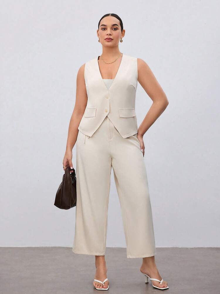 Plus Size Women's Solid Color Casual Versatile Straight Leg Pants With Belt
