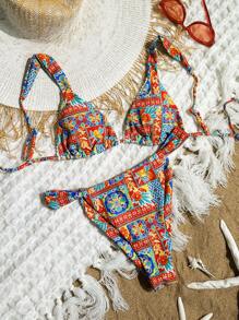 SHEIN Swim 夏季沙灘女式度假花印比基尼套裝 - 彩色 - 查看 5