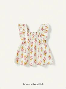 Cozy Pixies Baby Girl Floral Pattern Square Neck Ruffle Hem Sweatshirt - Apricot - View 1