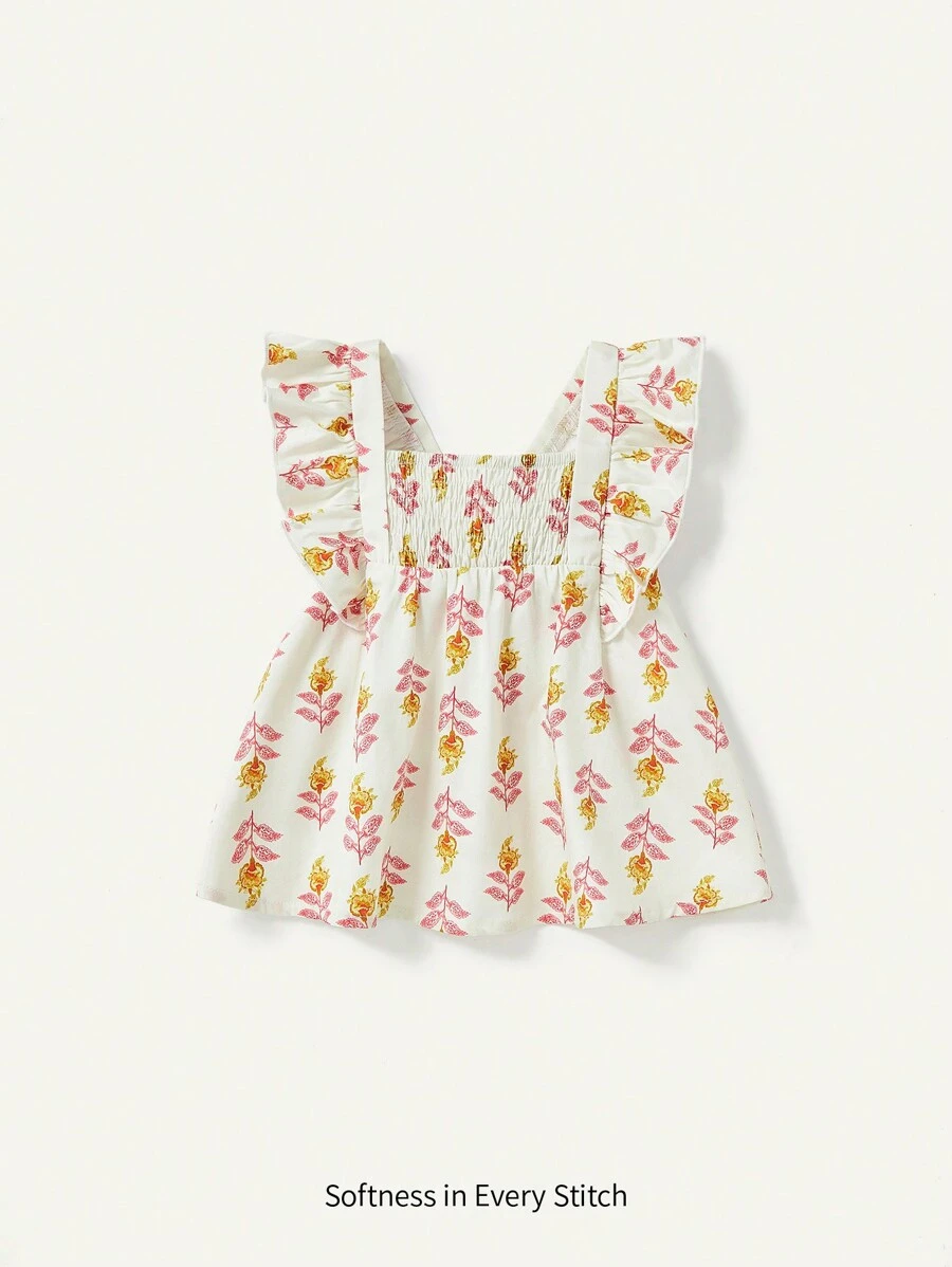 Cozy Pixies Baby Girl Floral Pattern Square Neck Ruffle Hem Sweatshirt - Apricot - View 1