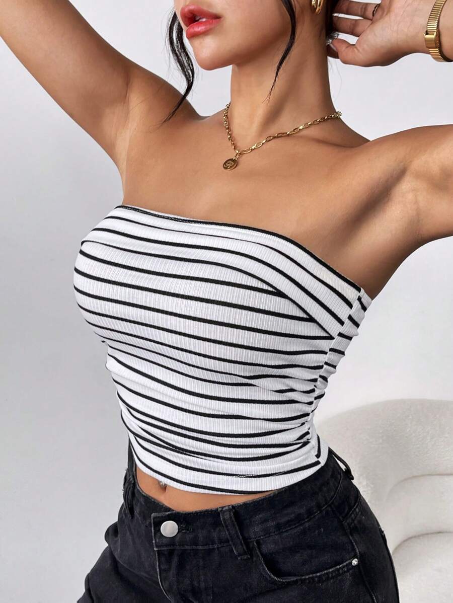 SHEIN Essnce Women's Tight Knit Striped Strapless Top - Black and White - View 1