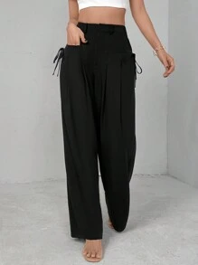 SHEIN Essnce Summer High Waist Pleated Wide Leg Suit Pants With Knot Design For Casual & Commute