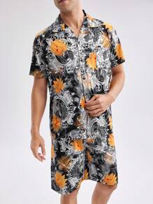 Nam Bản in lá phong Ngực đơn Ngắn tay Áo sơ mi Và Quần short Trang phục mặc nhà Bộ - màu đen - Xem 3