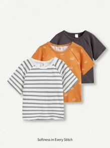 Infant Boys' Solid Color Round Neck Sweatshirt With Planet Pattern Raglan Sleeves, 3pcs/Set - Dark Grey - View 1