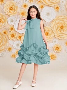 SHEIN A-linien Kleid Für Tween Mädchen Mit Abnehmbarer Schleife, Lose Passform Und Süßem Stehkragen