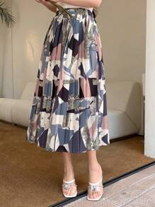 DAZY Women's Geometric Printed Pleated Skirt,Fall Clothes