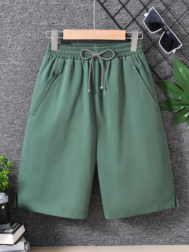 Teen Boy Casual Zipper Pocket Solid Color Shorts For Spring And Summer SHEIN