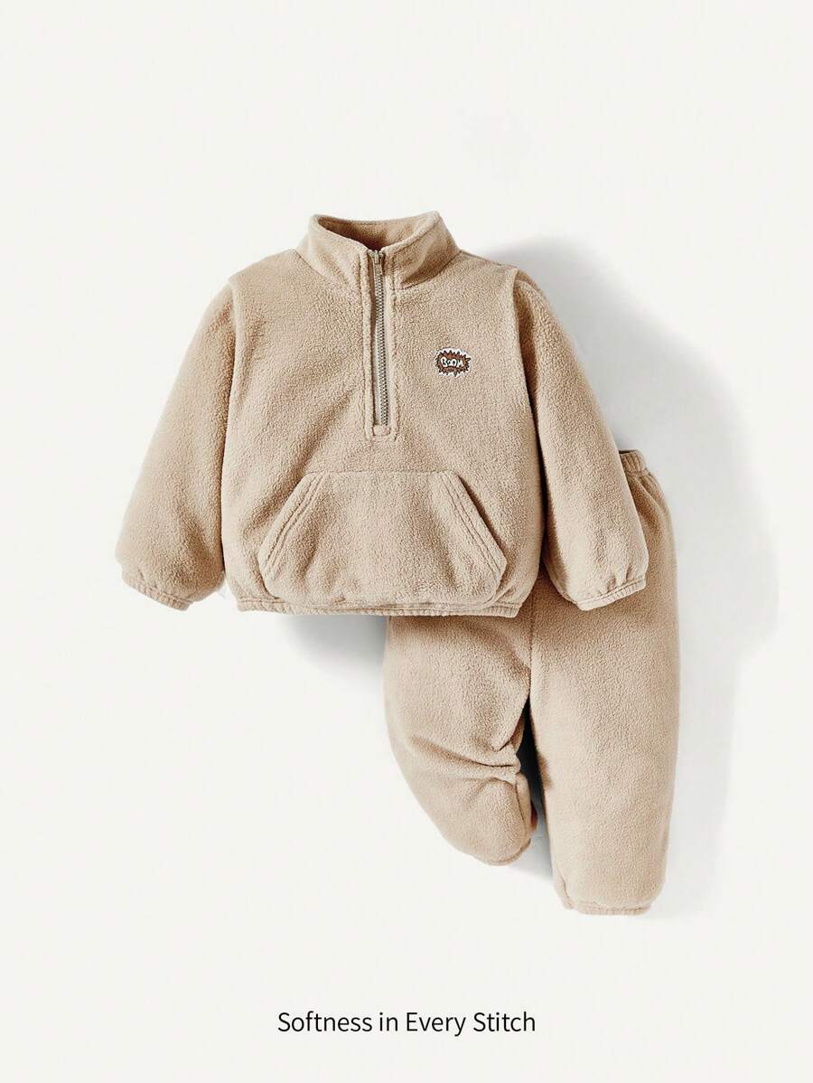 Cozy Pixies 男嬰字母刺繡半拉鏈絨毛衛衣和褲子 - 卡其色 - 查看 1