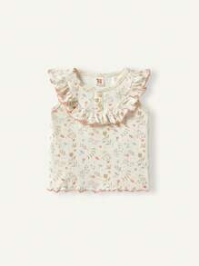 Cozy Pixies 女婴花朵图案圆领荷叶边上衣和长裤套装 - 杏色 - 查看 9