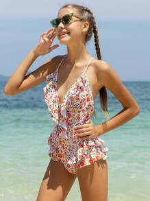 Teen Girl's Floral Print Ruffle Trim One Piece Swimsuit, Bathing Suit Beach Outfit Summer Vacation - Multicolor - View 4