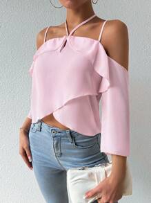 Chemisier décontracté pour l'été à épaules dénudées pour femme avec garniture à volants, ras-du-cou avec nœud, ourlet asymétrique et patchwork - Rose bonbon - Voir 5