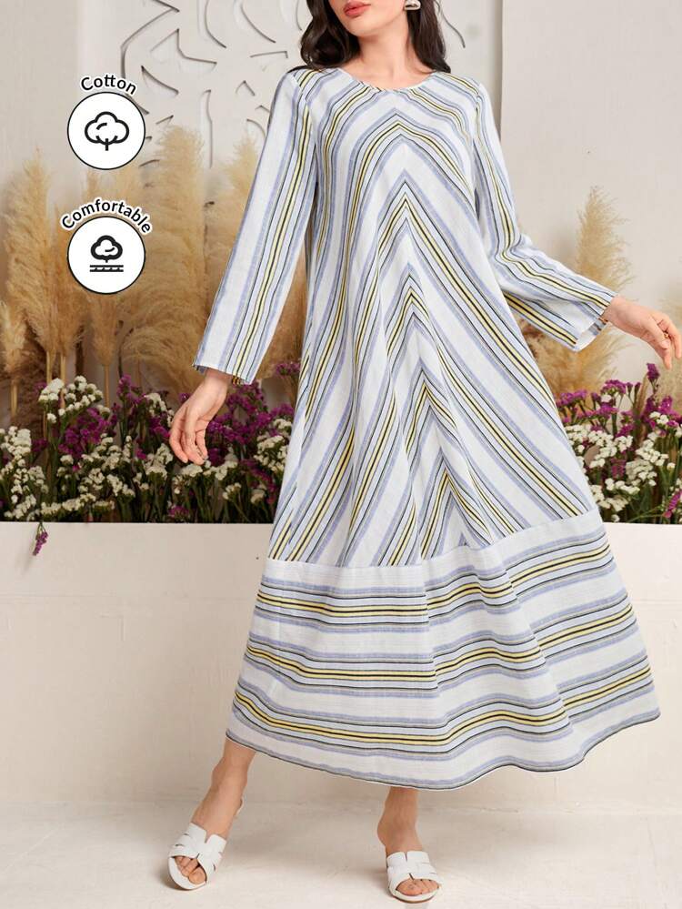 Women's Round Neck Long Sleeve Striped Dress