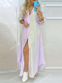 New Spring & Summer Color Block Striped Patchwork Single-Breasted Extra-Long Shirt Dress