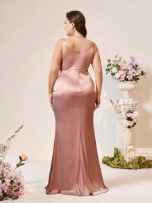 SHEIN Belle 大尺碼女士深黃粉紅色緞子重疊高衩方領人魚晚禮服長裙