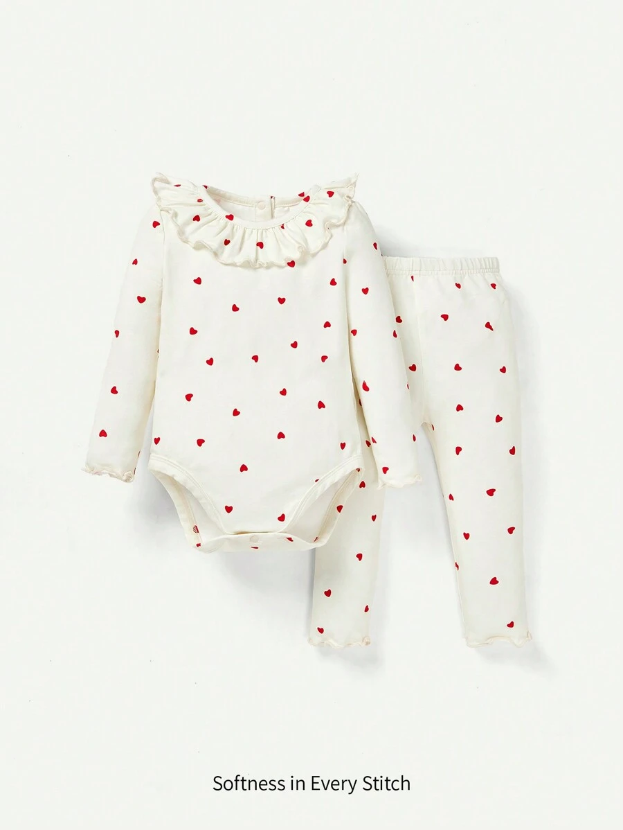 Cozy Pixies Baby Girls' Heart Patterned Long Sleeve Bodysuit With Ruffle Trim And Pants - Apricot - View 1