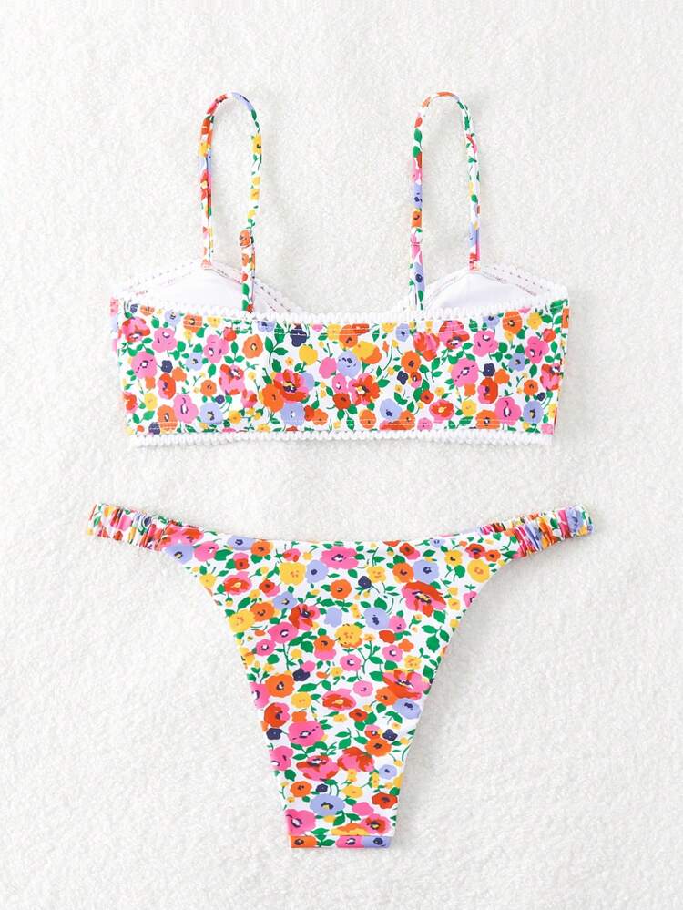 Vacation Style Floral Printed Two Pieces Bikini Set,Summer Beach