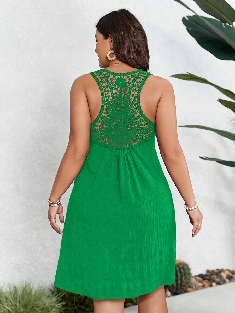 SHEIN VCAY Váy vải cổ khoét sâu Boho mùa xuân/hè cỡ lớn cho kỳ nghỉ - màu xanh lá - Xem 1