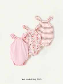 Cozy Pixies Bộ ba món dành cho bé gái bao gồm áo liền quần có viền xếp nếp hoa & sọc & trơn - Nhiều màu - Xem 1