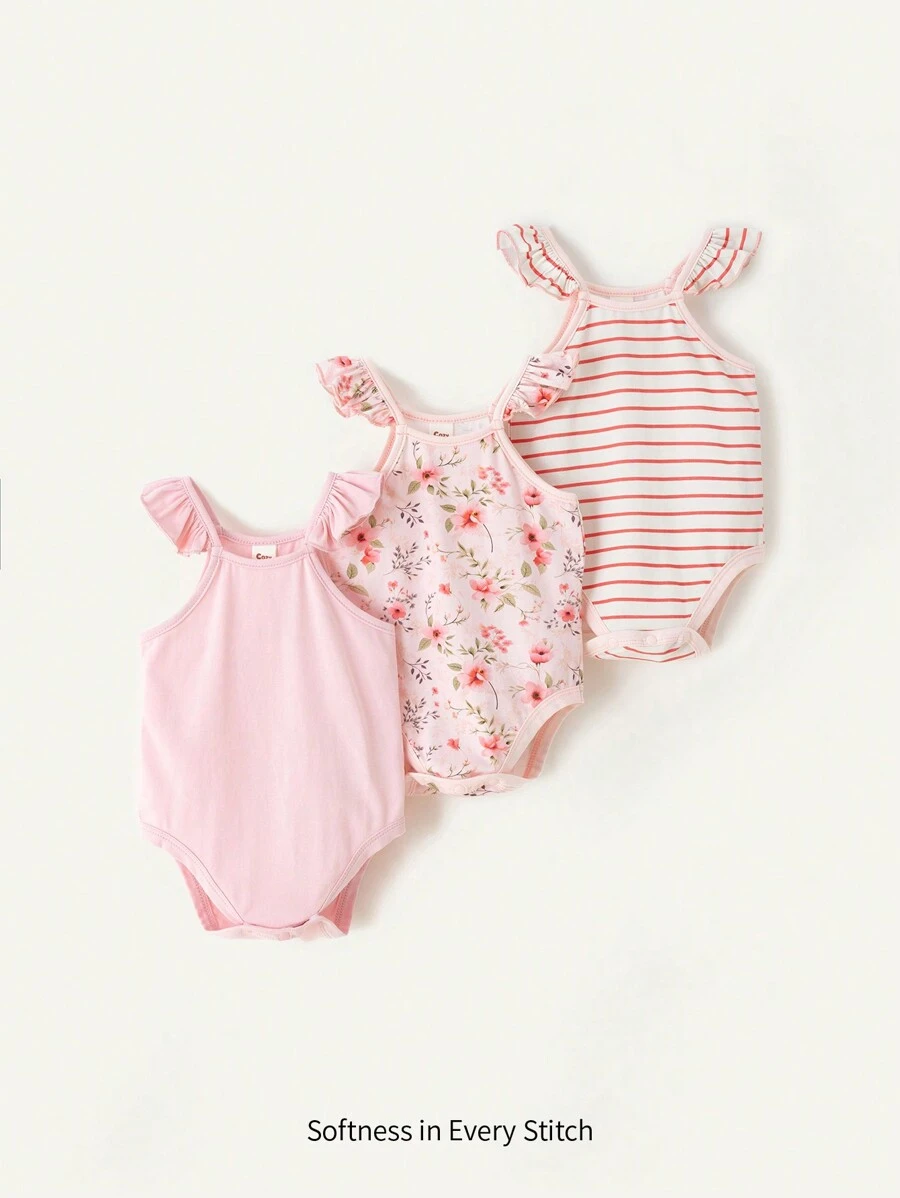 Cozy Pixies Bộ ba món dành cho bé gái bao gồm áo liền quần có viền xếp nếp hoa & sọc & trơn - Nhiều màu - Xem 1