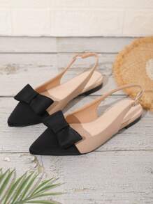 Fall/Winter Fairy Style Rhinestone Bowknot Closed Toe Sandals For Women, Khaki Color, With Ankle Strap, Pointed Toe, Flat Heels, Hollow Design, Summer