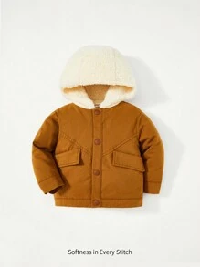 男嬰翻蓋細節加絨內裏連帽夾克 - 棕色 - 查看 1