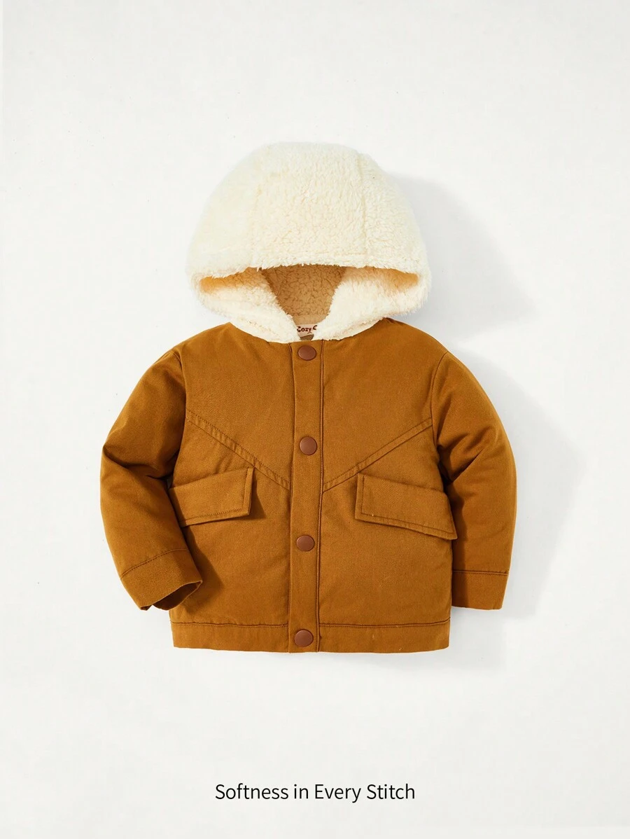 男嬰翻蓋細節加絨內裏連帽夾克 - 棕色 - 查看 1
