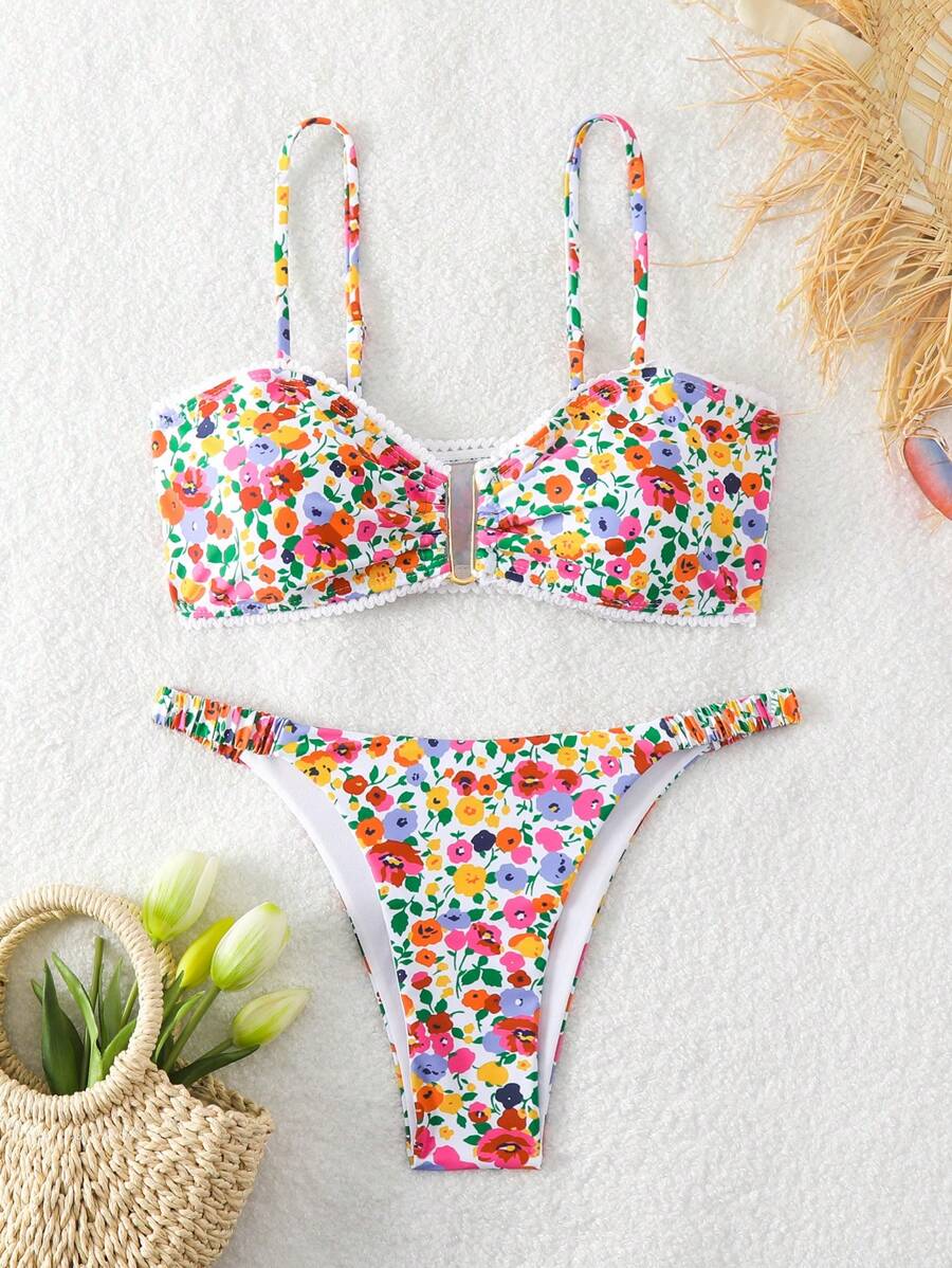 Swim Mod Vacation Style Floral Printed Two Pieces Bikini Set,Summer Beach - Multicolor - View 1