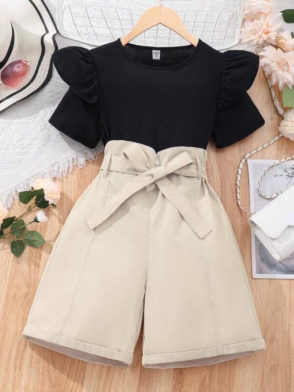 Teen Girls' Solid Color Ruffled Hem Top And Shorts Set